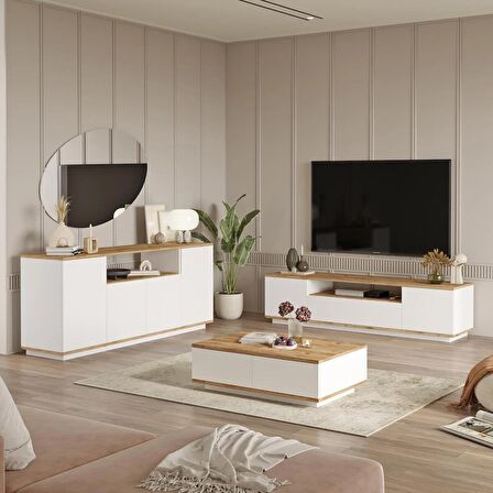 Robin Home Loft Tv Ünitesi Orta Sehpa Konsol 3'Lü Set Çam-Beyaz 