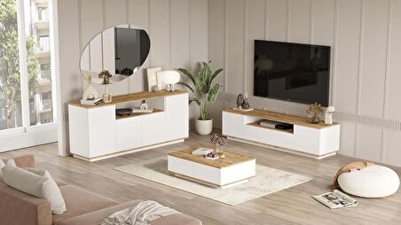 Robin Home Loft Tv Ünitesi Orta Sehpa Konsol 3'Lü Set Çam-Beyaz 