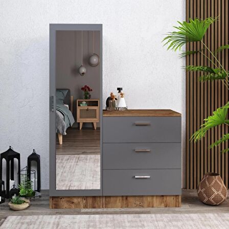 Robin Home Lyana Aynalı Şifonyer Gardırop Çam-Gri