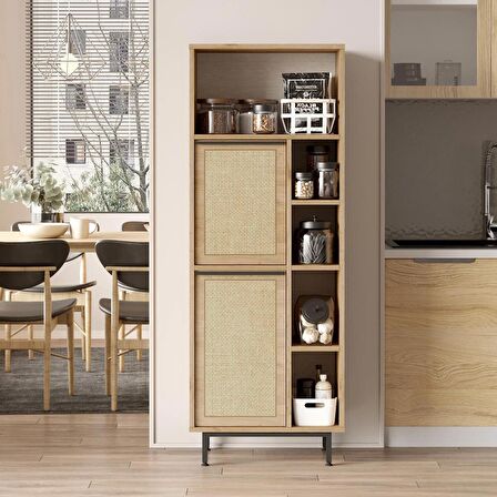 Robin Home Lidya Mutfak Kiler Dolabı Mikrodalga 2 Kapaklı Raflı Metal Ayaklı Uv Baskı Sepet-Jüt