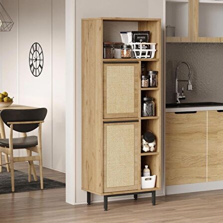Robin Home Lidya Mutfak Kiler Dolabı Mikrodalga 2 Kapaklı Raflı Metal Ayaklı Uv Baskı Sepet-Jüt