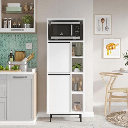 Robin Home Lidya Mutfak Kiler Dolabı Mikrodalga 2 Kapaklı Raflı Metal Ayaklı Beyaz