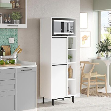 Robin Home Lidya Mutfak Kiler Dolabı Mikrodalga 2 Kapaklı Raflı Metal Ayaklı Beyaz