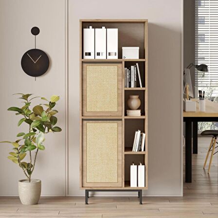 Robin Home Lidya Ofis Klasör Dolabı Kitaplık 2 Kapaklı Metal Ayaklı Uv Baskı Sepet-Jüt