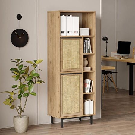 Robin Home Lidya Ofis Klasör Dolabı Kitaplık 2 Kapaklı Metal Ayaklı Uv Baskı Sepet-Jüt