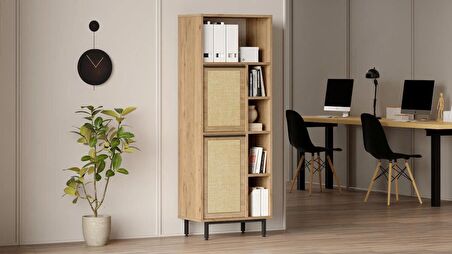 Robin Home Lidya Ofis Klasör Dolabı Kitaplık 2 Kapaklı Metal Ayaklı Uv Baskı Sepet-Jüt