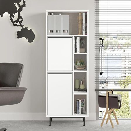 Robin Home Lidya Ofis Klasör Dolabı Kitaplık 2 Kapaklı Metal Ayaklı Beyaz