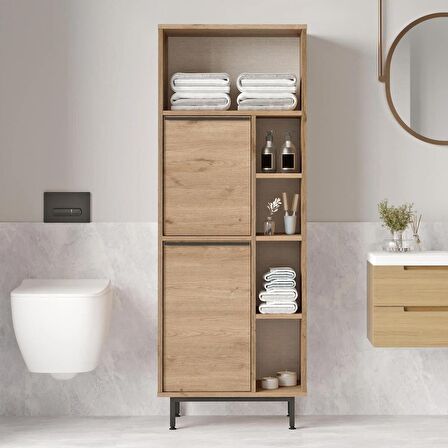 Robin Home Lidya Banyo Dolabı Çok Amaçlı Dolap 2 Kapaklı Metal Ayaklı Sepet 