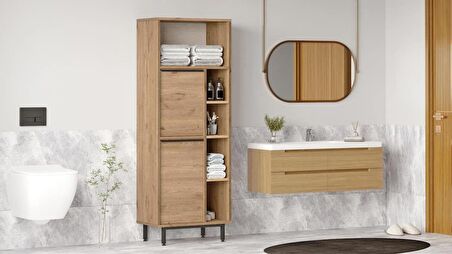 Robin Home Lidya Banyo Dolabı Çok Amaçlı Dolap 2 Kapaklı Metal Ayaklı Sepet 