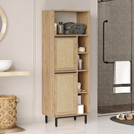 Robin Home Lidya Banyo Dolabı Çok Amaçlı Dolap 2 Kapaklı Metal Ayaklı Uv Baskı Sepet-Jüt 