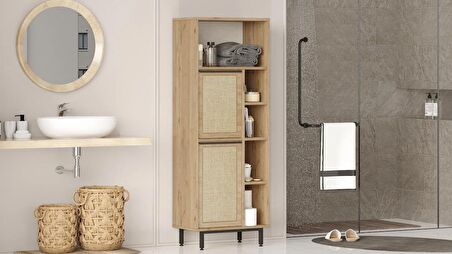 Robin Home Lidya Banyo Dolabı Çok Amaçlı Dolap 2 Kapaklı Metal Ayaklı Uv Baskı Sepet-Jüt 