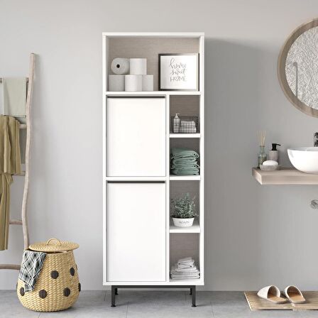 Robin Home Lidya Banyo Dolabı Çok Amaçlı Dolap 2 Kapaklı Metal Ayaklı Beyaz 