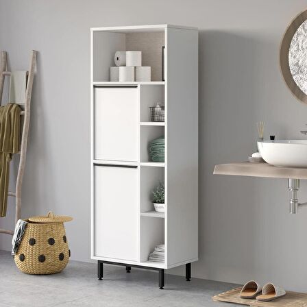 Robin Home Lidya Banyo Dolabı Çok Amaçlı Dolap 2 Kapaklı Metal Ayaklı Beyaz 
