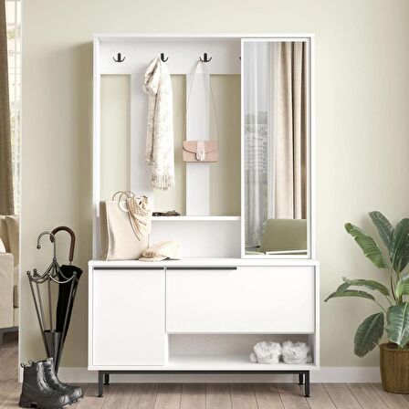 Robin Home Lidya Portmanto Vestiyer Ayakkabılık Aynalı Metal Ayaklı Beyaz 