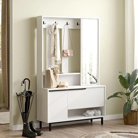 Robin Home Lidya Portmanto Vestiyer Ayakkabılık Aynalı Metal Ayaklı Beyaz 
