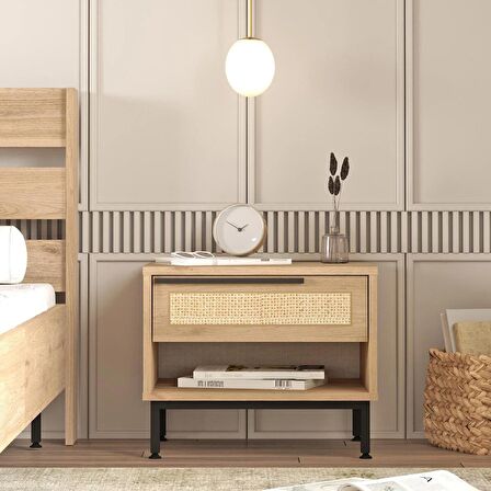 Robin Home Lidya Komodin Çekmeceli Metal Ayaklı Uv Baskı Sepet-Jüt