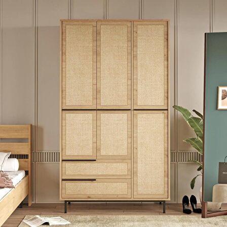 Robin Home Lidya Gardırop 3 Kapı 2 Çekmece Metal Ayaklı Uv Baskı 196cm Sepet-Jüt