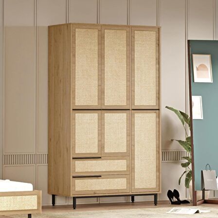 Robin Home Lidya Gardırop 3 Kapı 2 Çekmece Metal Ayaklı Uv Baskı 196cm Sepet-Jüt
