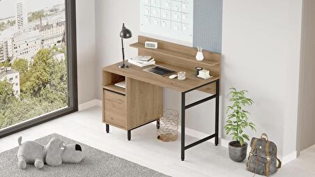 Robin Home Lidya Çalışma Masası Raflı Dolaplı Metal Ayaklı  Sepet 