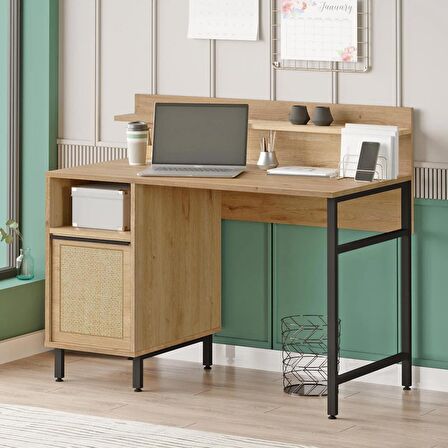 Robin Home Lidya Çalışma Masası Raflı Dolaplı Metal Ayaklı Uv Baskı Sepet-Jüt O