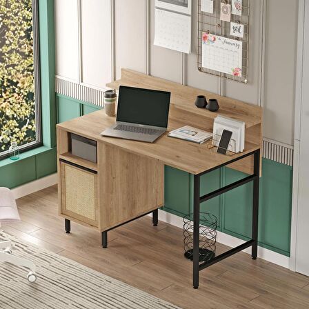 Robin Home Lidya Çalışma Masası Raflı Dolaplı Metal Ayaklı Uv Baskı Sepet-Jüt O