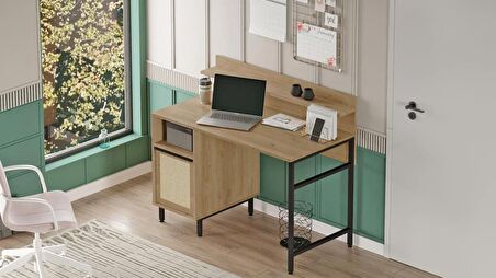 Robin Home Lidya Çalışma Masası Raflı Dolaplı Metal Ayaklı Uv Baskı Sepet-Jüt O