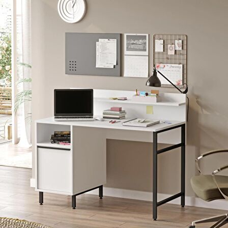 Robin Home Lidya Çalışma Masası Raflı Dolaplı Metal Ayaklı  Beyaz