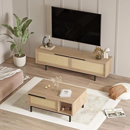 Robin Home Lidya Tv Ünitesi Orta Sehpa 2'Li Set Sepet-Uv Baskı Jüt 