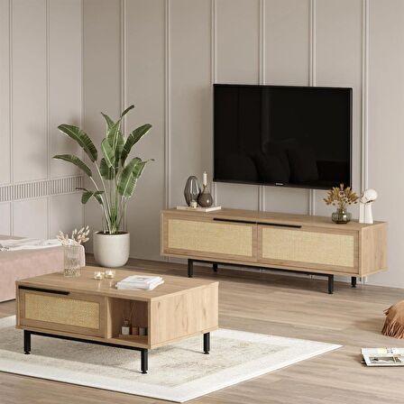 Robin Home Lidya Tv Ünitesi Orta Sehpa 2'Li Set Sepet-Uv Baskı Jüt 