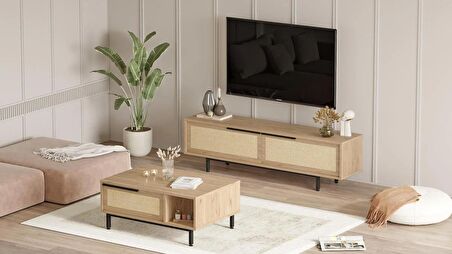 Robin Home Lidya Tv Ünitesi Orta Sehpa 2'Li Set Sepet-Uv Baskı Jüt 