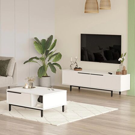 Robin Home Lidya Tv Ünitesi Orta Sehpa 2'Li Set Beyaz 
