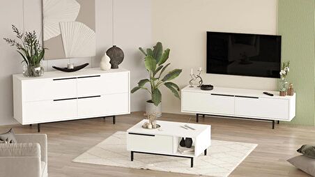 Robin Home Lidya Tv Ünitesi Orta Sehpa Konsol 3'Lü Set Beyaz 