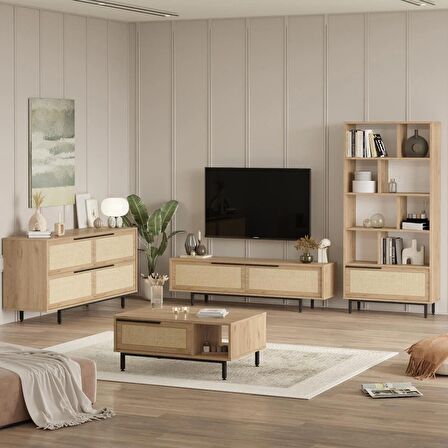 Robin Home Lidya Tv Ünitesi Orta Sehpa Konsol Kitaplık 4'Lü Set Sepet-Uv Baskı Jüt 
