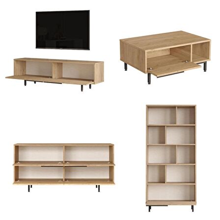 Robin Home Lidya Tv Ünitesi Orta Sehpa Konsol Kitaplık 4'Lü Set Sepet-Uv Baskı Jüt 