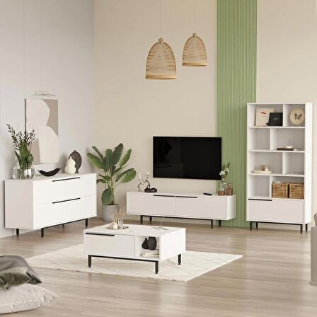 Robin Home Lidya Tv Ünitesi Orta Sehpa Konsol Kitaplık 4'Lü Set Beyaz 