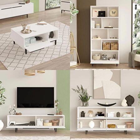 Robin Home Lidya Tv Ünitesi Orta Sehpa Konsol Kitaplık 4'Lü Set Beyaz 