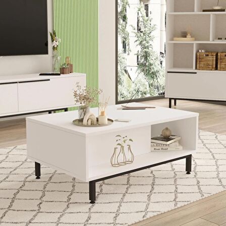 Robin Home Lidya Orta Sehpa Metal Ayaklı Kapaklı Beyaz