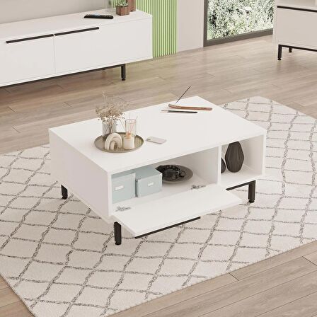 Robin Home Lidya Orta Sehpa Metal Ayaklı Kapaklı Beyaz