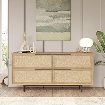 Robin Home Lidya Konsol 4 Kapaklı Metal Ayaklı Uv Baskı 160cm Sepet-Jüt