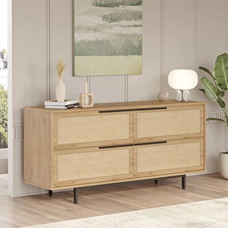 Robin Home Lidya Konsol 4 Kapaklı Metal Ayaklı Uv Baskı 160cm Sepet-Jüt