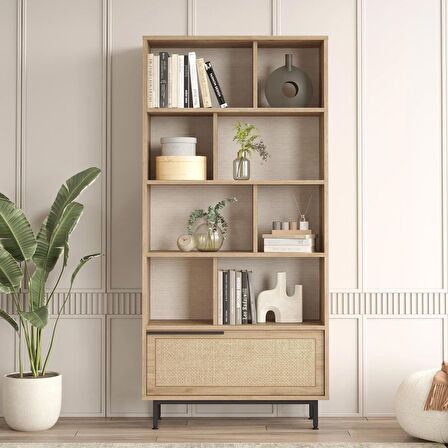 Robin Home Lidya Kitaplık Raf Metal Ayaklı 176cm Uv Baskı Kapaklı Sepet-Jüt