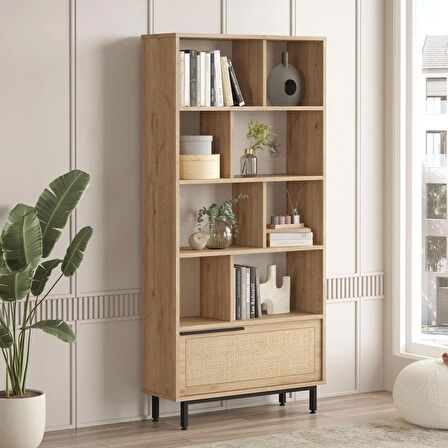 Robin Home Lidya Kitaplık Raf Metal Ayaklı 176cm Uv Baskı Kapaklı Sepet-Jüt