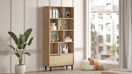 Robin Home Lidya Kitaplık Raf Metal Ayaklı 176cm Uv Baskı Kapaklı Sepet-Jüt