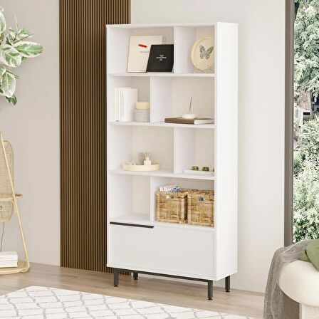 Robin Home Lidya Kitaplık Raf Metal Ayaklı 176cm Kapaklı Beyaz