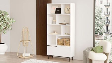 Robin Home Lidya Kitaplık Raf Metal Ayaklı 176cm Kapaklı Beyaz