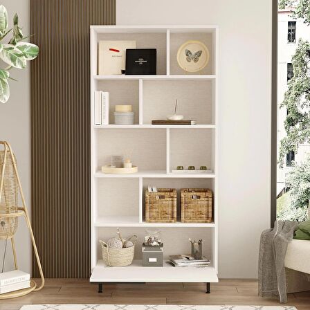 Robin Home Lidya Kitaplık Raf Metal Ayaklı 176cm Kapaklı Beyaz