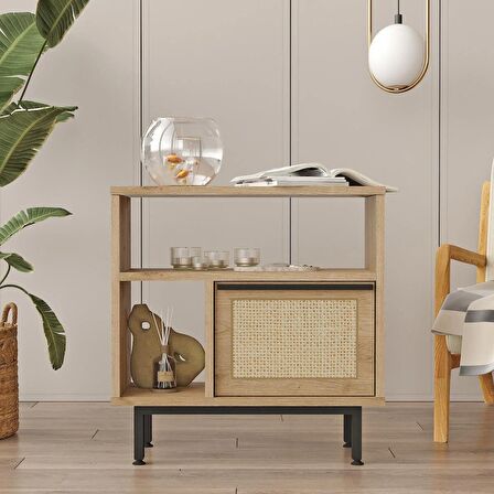 Robin Home Lidya Yan Sehpa Komodin Kapaklı Metal Ayaklı Uv Baskı Sepet-Jüt 