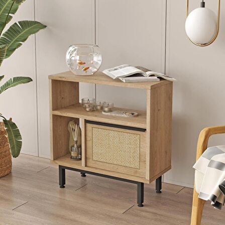 Robin Home Lidya Yan Sehpa Komodin Kapaklı Metal Ayaklı Uv Baskı Sepet-Jüt 