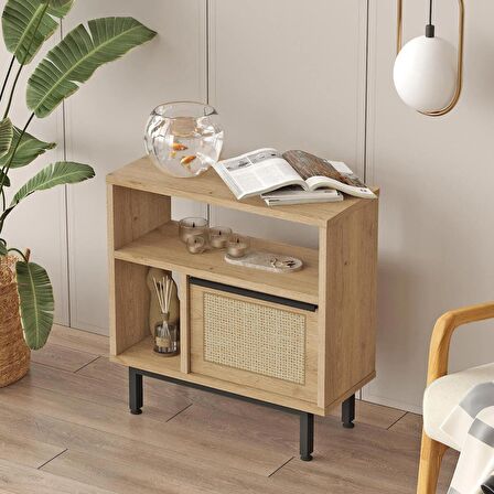 Robin Home Lidya Yan Sehpa Komodin Kapaklı Metal Ayaklı Uv Baskı Sepet-Jüt 