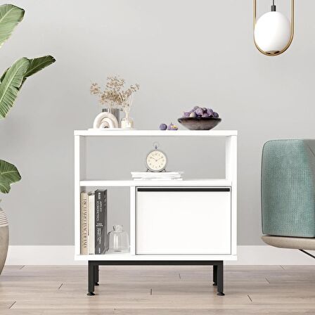 Robin Home Lidya Yan Sehpa Komodin Kapaklı Metal Ayaklı  Beyaz 
